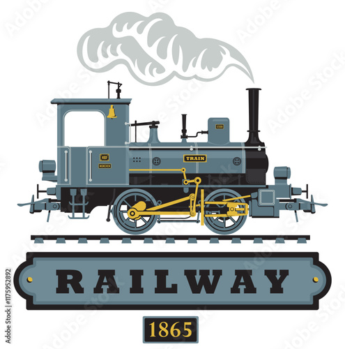 vector retro logo or emblem with a drawing silhouette of an old vintage railway steam locomotive in cartoon style with the inscription railway