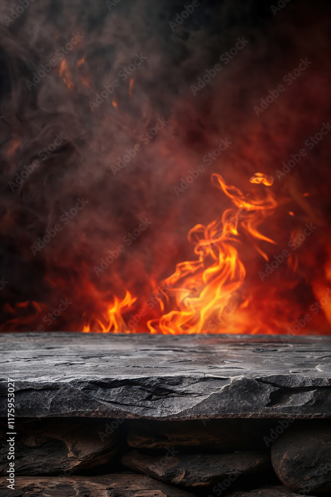 Obraz premium Empty stone surface on burning fire and smoke background
