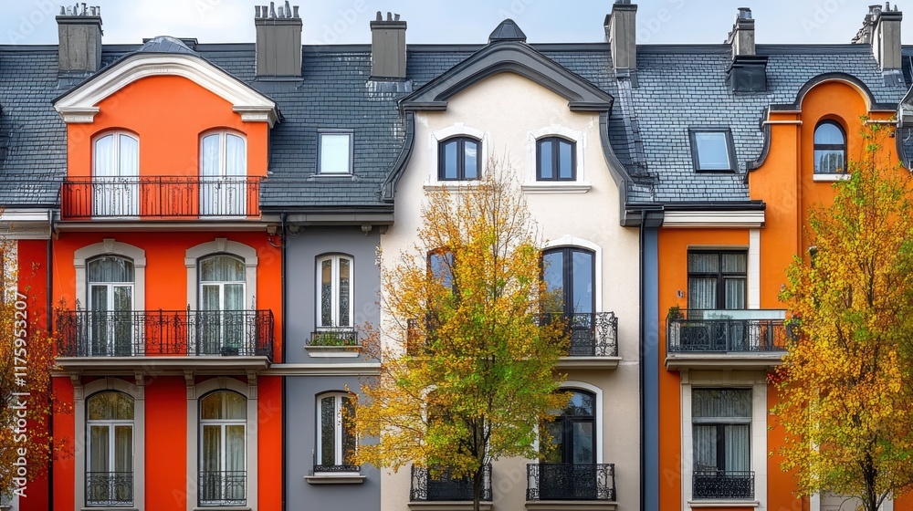 Obraz premium Colorful row houses, European architecture, autumn street scene, vibrant facades, dormer windows, arched doorways, wrought iron balconies, fall foliage trees, cobblestone street, charming neighborhood
