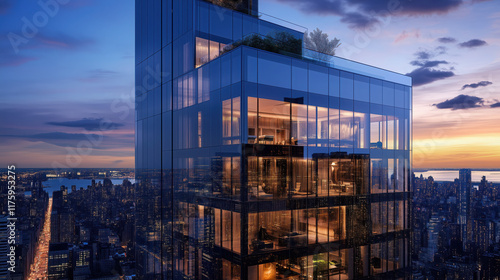 Futuristic Skyscraper with Sleek Mirrored Glass Walls Reflecting the Vibrant City Lights and Skyline During Twilight