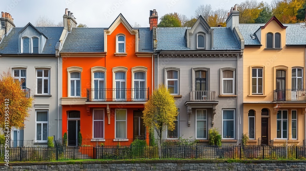 Naklejka premium Colorful row houses, European architecture, autumn street scene, vibrant facades, dormer windows, arched doorways, wrought iron balconies, fall foliage trees, cobblestone street, charming neighborhood