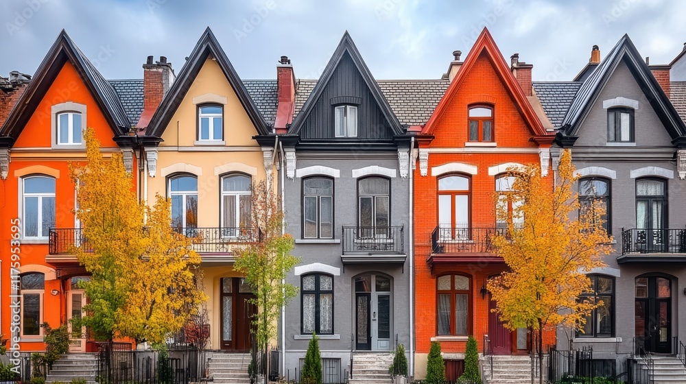Fototapeta premium Colorful row houses, European architecture, autumn street scene, vibrant facades, dormer windows, arched doorways, wrought iron balconies, fall foliage trees, cobblestone street, charming neighborhood