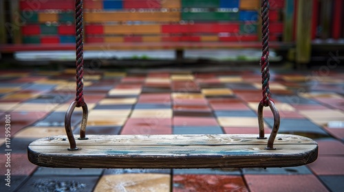 Safe playground swing adjacent to climbing structure for children   s outdoor play area photo