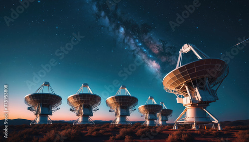 Observatory antennas under a starry sky with the Milky Way visible at dusk photo