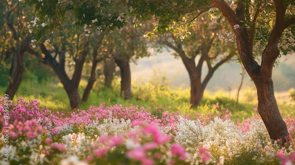 Naklejka premium Sandalwood Trees in Bloom: Sandalwood trees in full bloom, surrounded by a carpet of fragrant pink and white flowers, with a gentle wind carrying their intoxicating scent through the air
