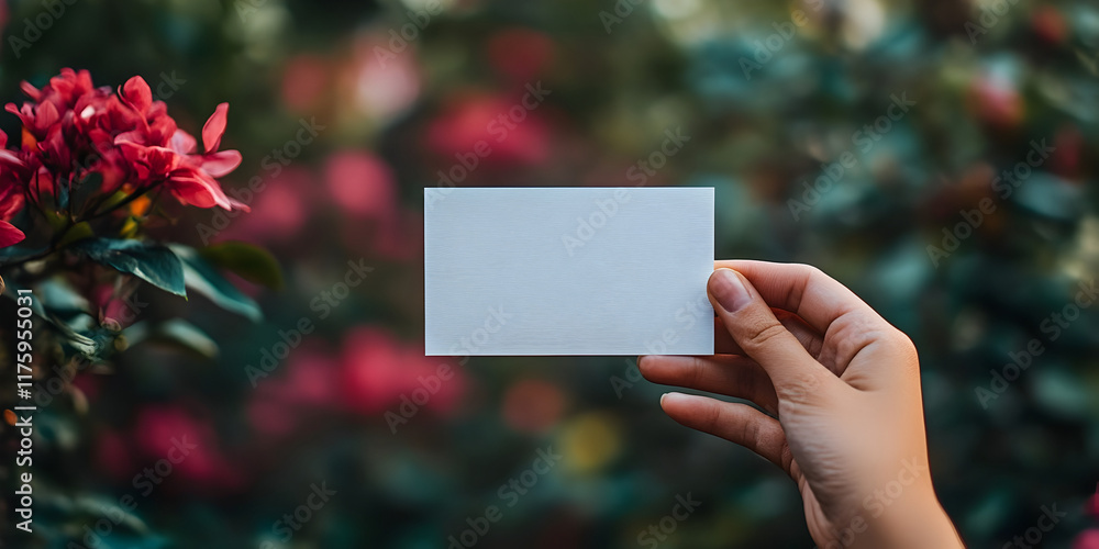 Holding a blank card in a garden filled with vibrant flowers demonstrating a moment of creativity and inspiration in a serene outdoor setting during daylight hours Holding a blank card in a garden filled with vibrant flowers demonstrating a moment of creativity and inspiration in a serene outdoor setting during daylight hours