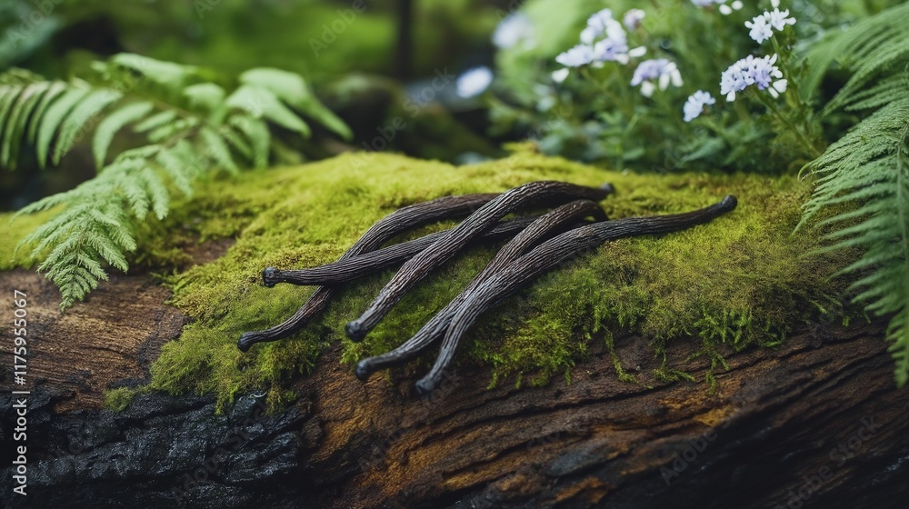 Vanilla Beans on a Mossy Log: Vanilla beans laid out on a moss-covered log, nestled among ferns and wildflowers Vanilla Beans on a Mossy Log: Vanilla beans laid out on a moss-covered log, nestled among ferns and wildflowers