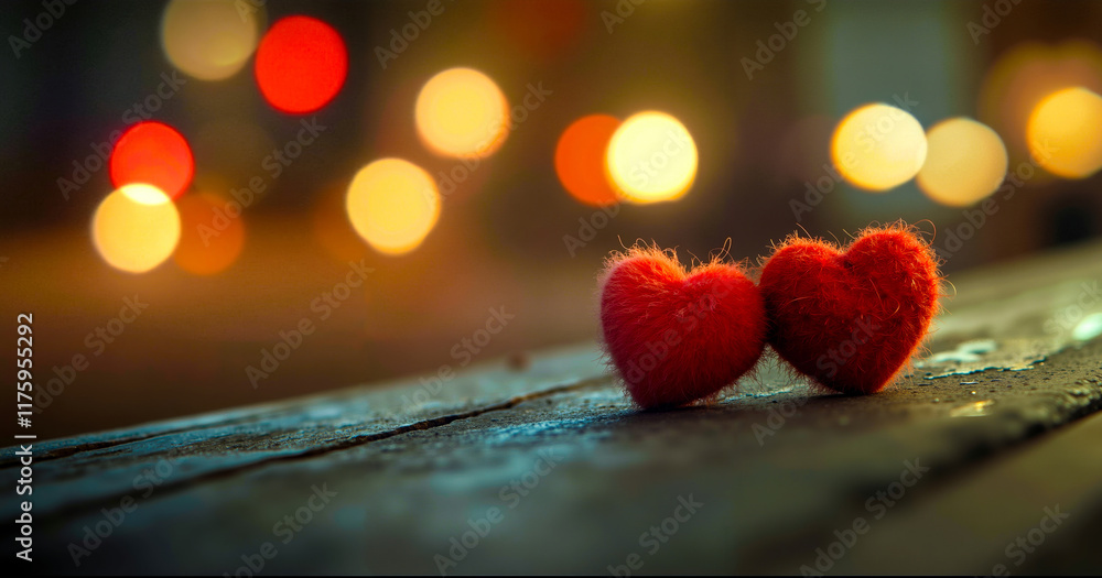 Two red hearts on a wooden bench with lights in the background Two red hearts on a wooden bench with lights in the background