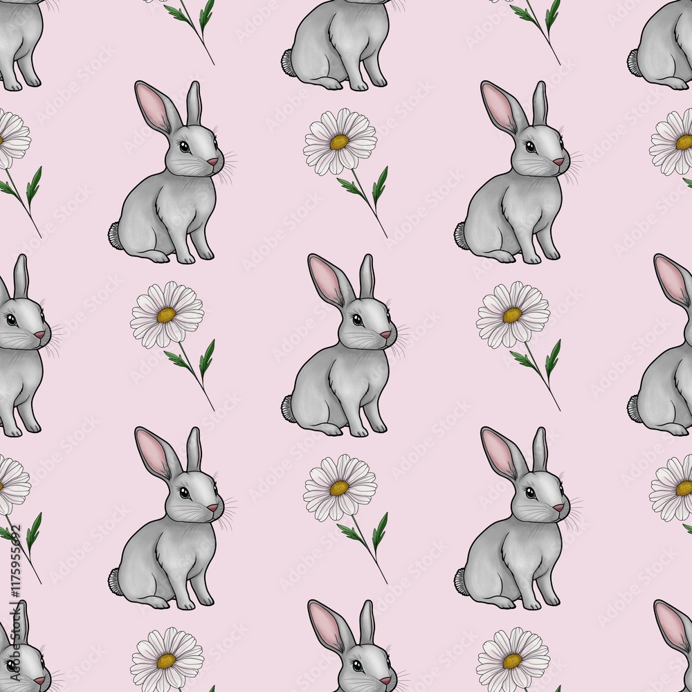 Cute Bunny with Daisy Seamless Pattern Small Design on Pastel Pink Background Cute Bunny with Daisy Seamless Pattern Small Design on Pastel Pink Background