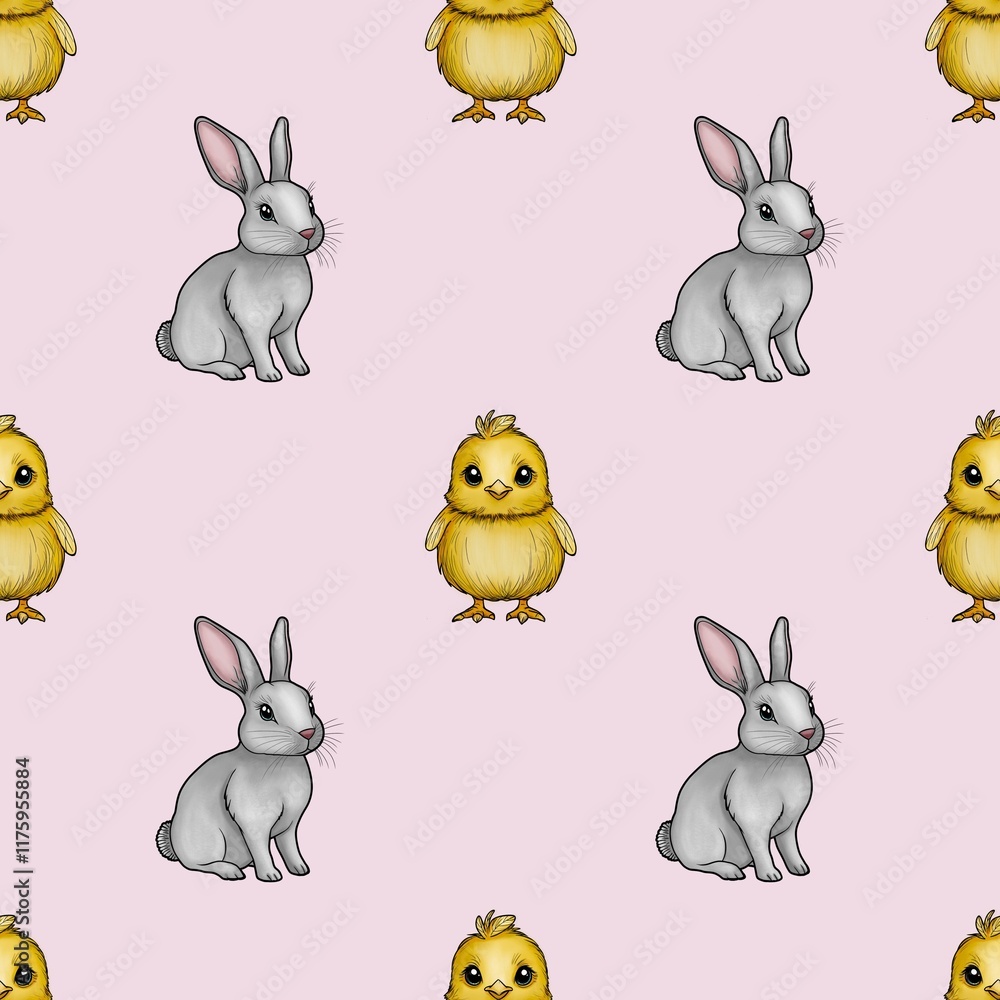 Cute Bunny and Chick Seamless Pattern Small Design on Pastel Pink Background Cute Bunny and Chick Seamless Pattern Small Design on Pastel Pink Background