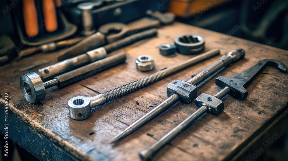 A Collection of Metal Tools on a Wooden Workbench Highlighting Precision Engineering, Craftsmanship, and Industrial Design for Various Applications A Collection of Metal Tools on a Wooden Workbench Highlighting Precision Engineering, Craftsmanship, and Industrial Design for Various Applications