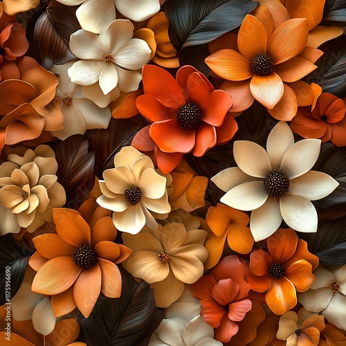 Close-up high-res 5D leather flowers, autumn hues, detailed top view, photorealistic. photo