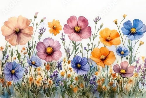 watercolor illustration of a wildflower border, showcasing a variety of blooming flowers in soft pastel tones, perfect for adding a natural touch to designs