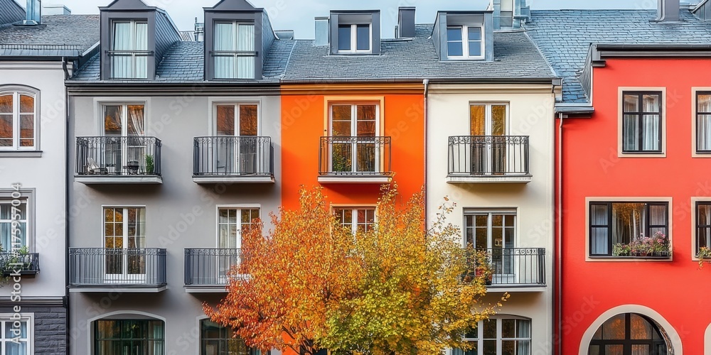 Fototapeta premium Colorful row houses, European architecture, autumn street scene, vibrant facades, dormer windows, arched doorways, wrought iron balconies, fall foliage trees, cobblestone street, charming neighborhood
