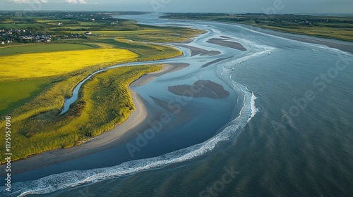 Aerial view of a winding river surrounded by lush greenery and sandy shores.