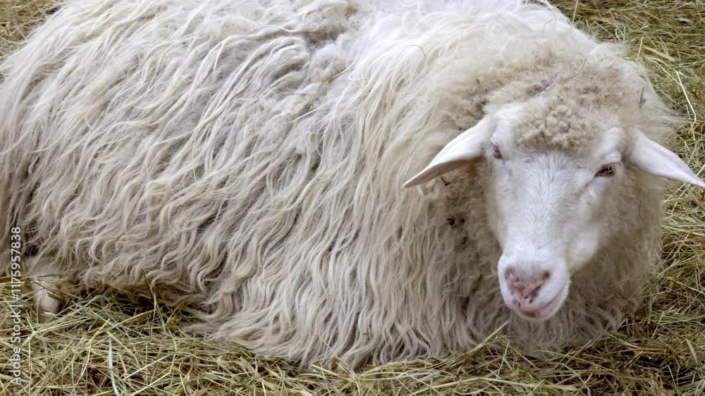 the sheep lies on the hay and chews the sheep lies on the hay and chews