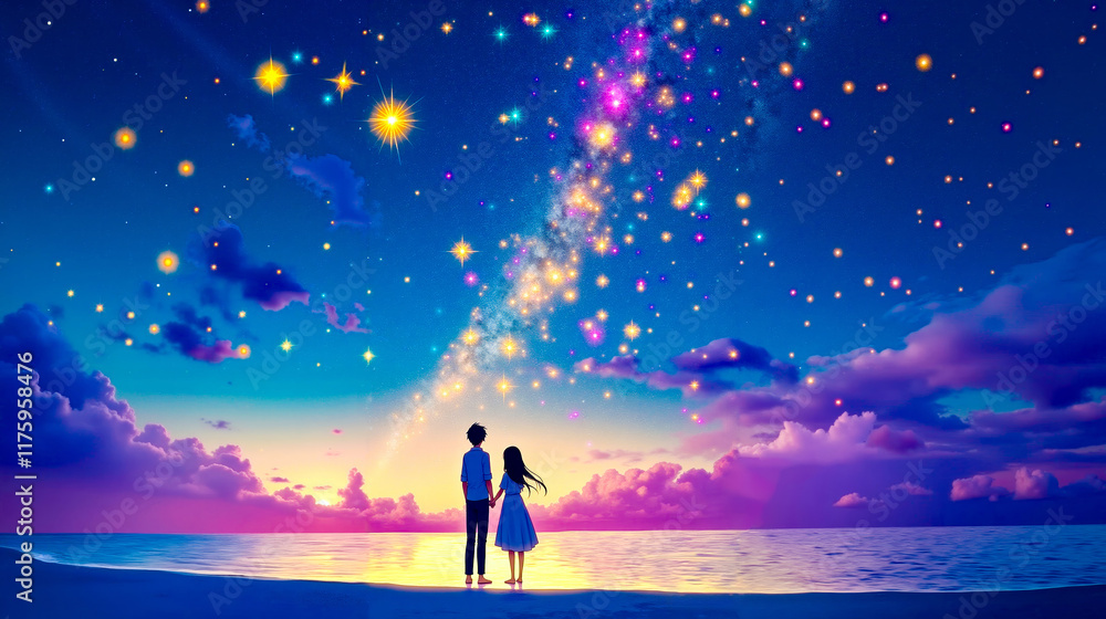 Obraz premium A couple standing on a beach looking at the stars in the sky