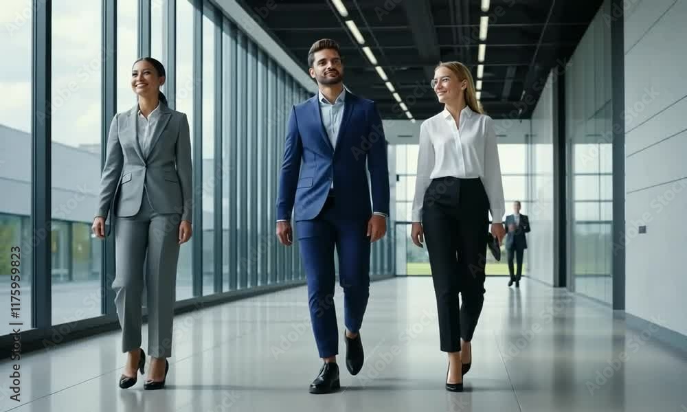 Confident Business Team Walking in Modern Office Corridor Confident Business Team Walking in Modern Office Corridor