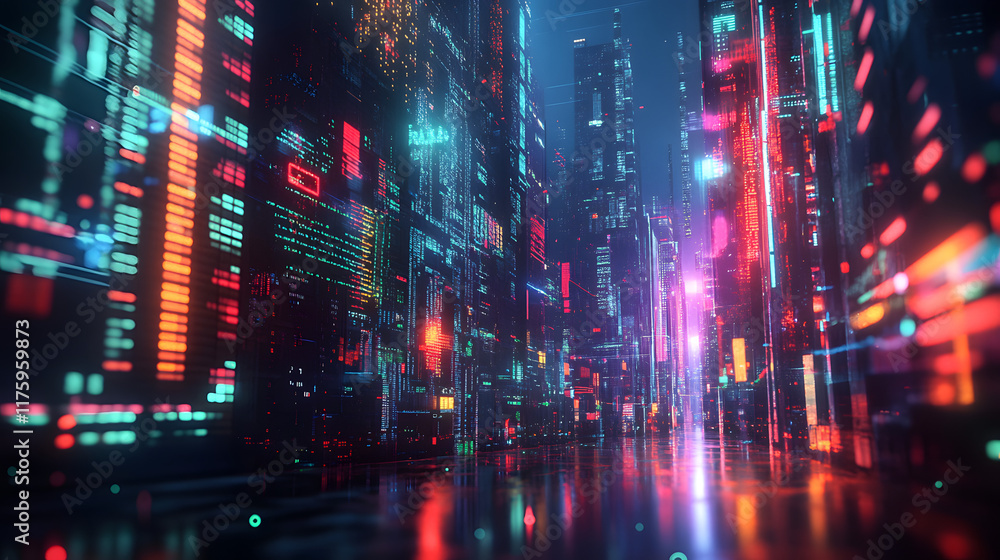 Obraz premium Science fiction cityscape with tall buildings and neon signs