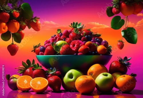 vivid display fruits suspended air stunning background colors, abundance, appealing, artwork, basket, bright, calm, clarity, colorful, compositional photo