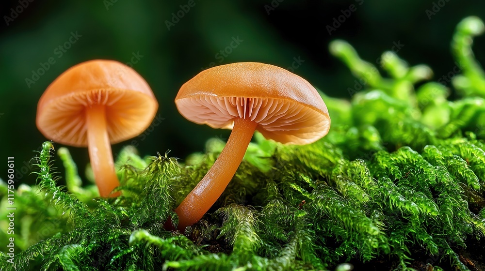 Fototapeta premium Orange mushrooms sprouting on vibrant green moss in a damp forest environment