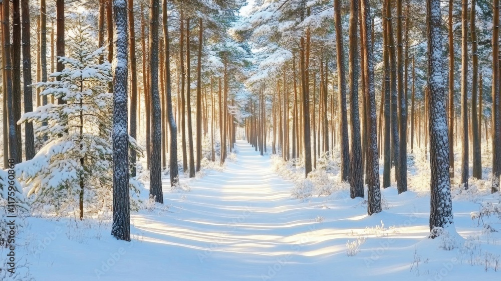 Naklejka premium Winter Forest Pathway - A Stunning Snowy Landscape