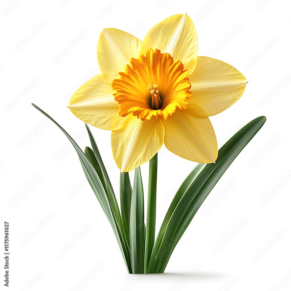 Cheerful Daffodil Narcissus sp closeup with bright yellow petals and a trumpetshaped corona isolated on a transparent white background Cheerful Daffodil Narcissus sp closeup with bright yellow petals and a trumpetshaped corona isolated on a transparent white background