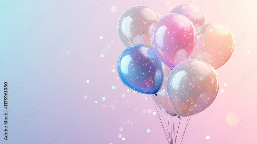 Pastel iridescent balloons bunch floating on a soft pink and purple background. Pastel iridescent balloons bunch floating on a soft pink and purple background.