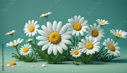 Beautiful arrangement of daisies on a soft green background with vibrant petals and lush greenery