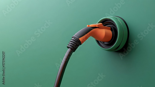 Bright Orange Charging Plug Connected to Green Wall Highlighting Clean Energy and Sustainable Technology Concepts photo