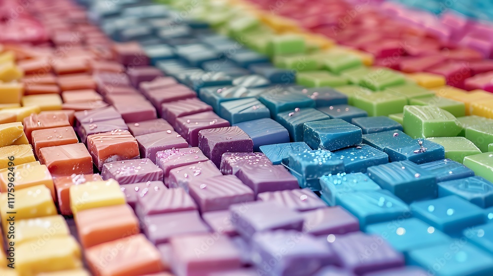 Close-up of rainbow-colored chocolate-covered candies in a neat pattern on a shop counter Close-up of rainbow-colored chocolate-covered candies in a neat pattern on a shop counter