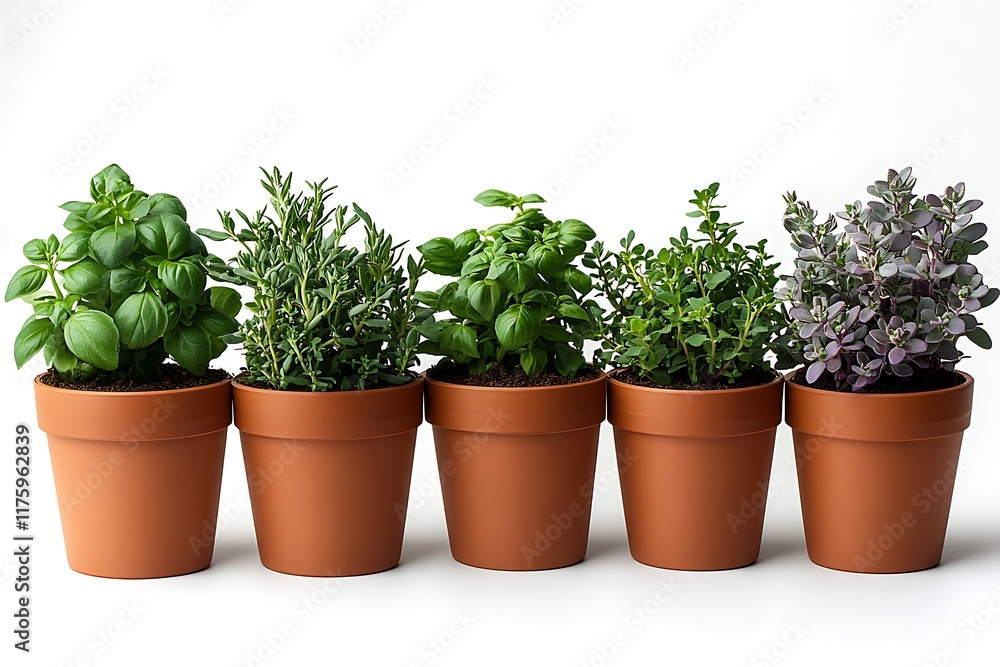 Five potted herbs arranged in a neat row Five potted herbs arranged in a neat row