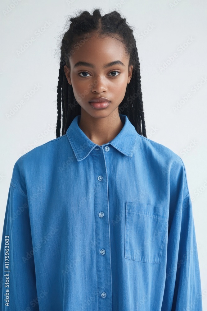 Stylish portrait of young woman in blue denim shirt for fashion design Stylish portrait of young woman in blue denim shirt for fashion design