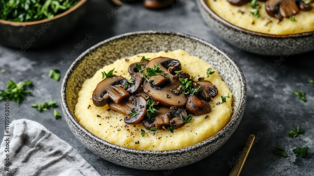 Delicious creamy polenta topped with sauteed mushrooms and fresh herbs for a cozy autumn meal
