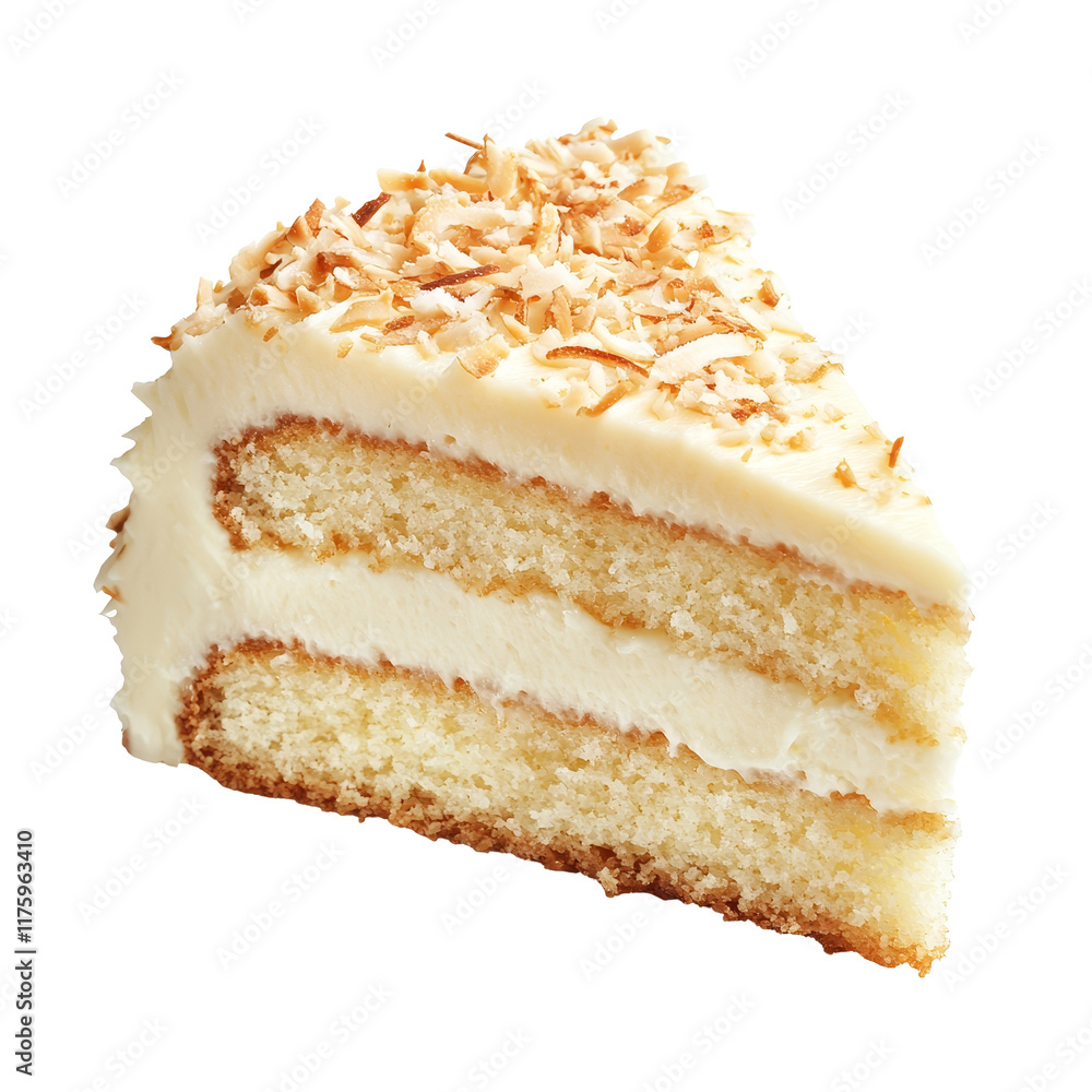 Delicious slice of coconut cake with creamy frosting and toasted coconut flakes isolated on a transparent background, Coconut Cake slice isolated on transparent background Delicious slice of coconut cake with creamy frosting and toasted coconut flakes isolated on a transparent background, Coconut Cake slice isolated on transparent background