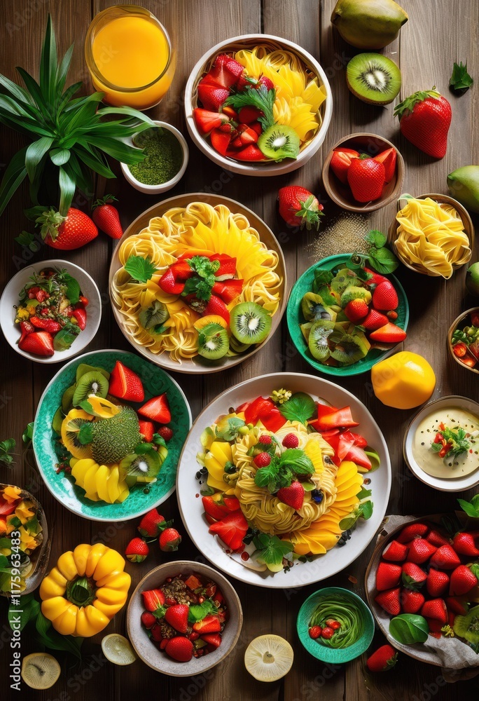 vibrant dynamic flat lay featuring diverse colorful foods eye catching arrangement visual appeal, appetizers, banquets, beverages, bright, condiments vibrant dynamic flat lay featuring diverse colorful foods eye catching arrangement visual appeal, appetizers, banquets, beverages, bright, condiments