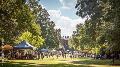 Fototapeta Naklejka Na Ścianę i Meble -  Oglethorpe Day Oglethorpe day celebration in a lush green park with tents and people gathered
