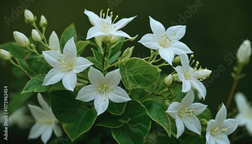 White flowers bloom beautifully under natural light, showcasing delicate petals and lush green leaves in a tranquil setting