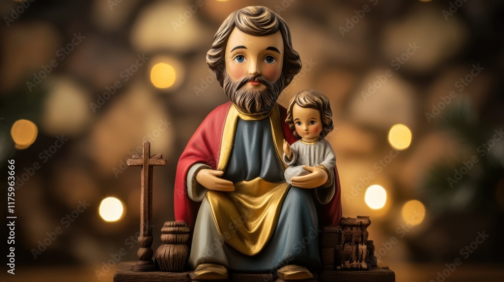 Fototapeta premium Saint joseph and child jesus figurine with cross on wooden background St. Joseph's Day