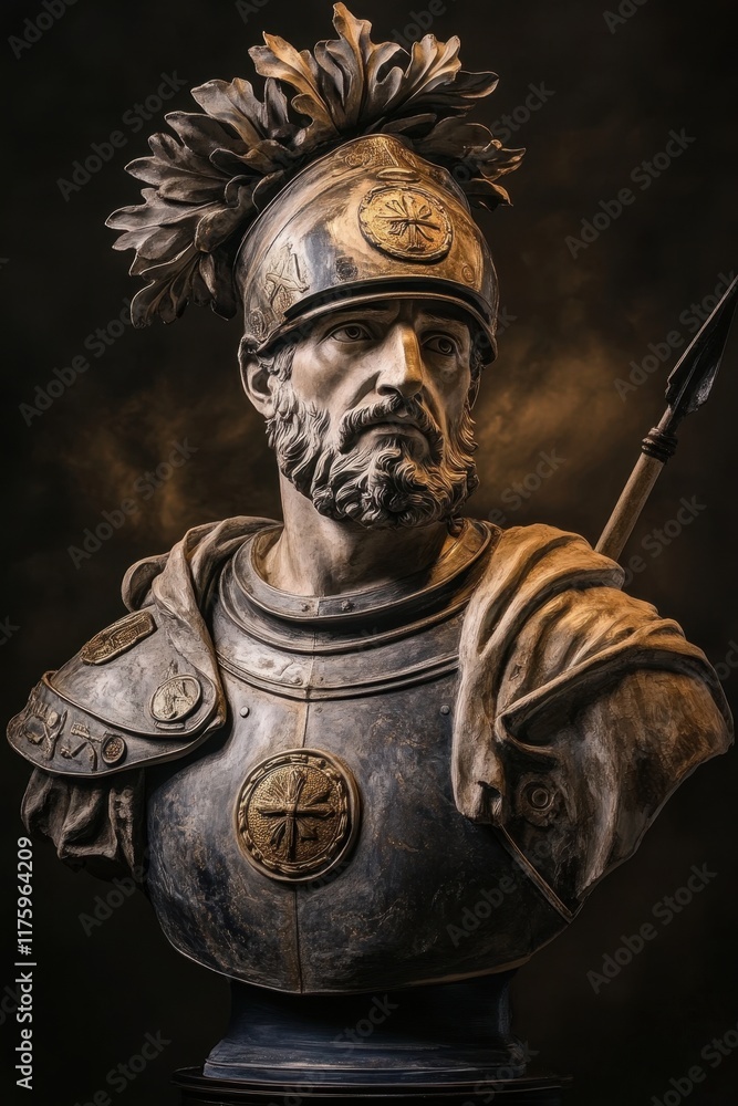Ancient roman warrior bust with helmet and armor in dramatic lighting Ancient roman warrior bust with helmet and armor in dramatic lighting