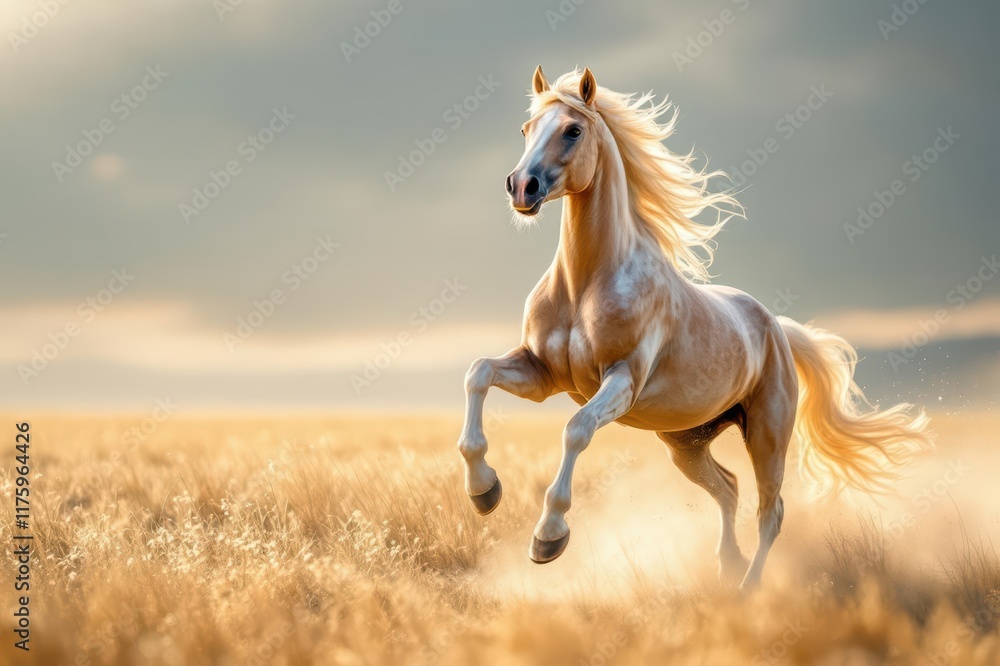Fototapeta premium Arabian horse galopping in the wild, beautiful soft bright light