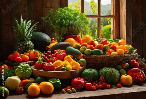 vibrant composition fresh fruits vegetables arranged colorful display highlighting natural textures rich colors, basket, produce, organic, garden