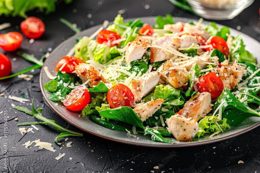 Plate of salad with chicken and tomatoes Plate of salad with chicken and tomatoes