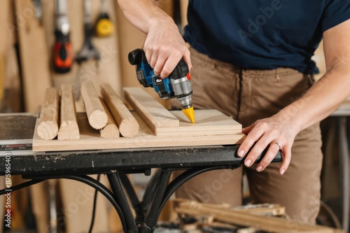 female carpenter cutting wood material at table saw photo