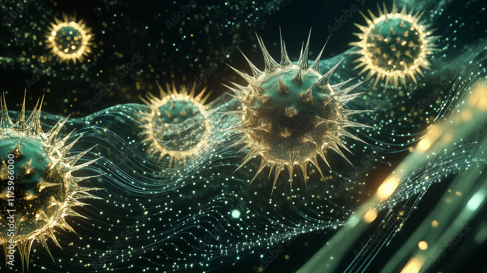 Fototapeta premium Floating virus particles with spiked outer shells, surrounded by shimmering energy waves
