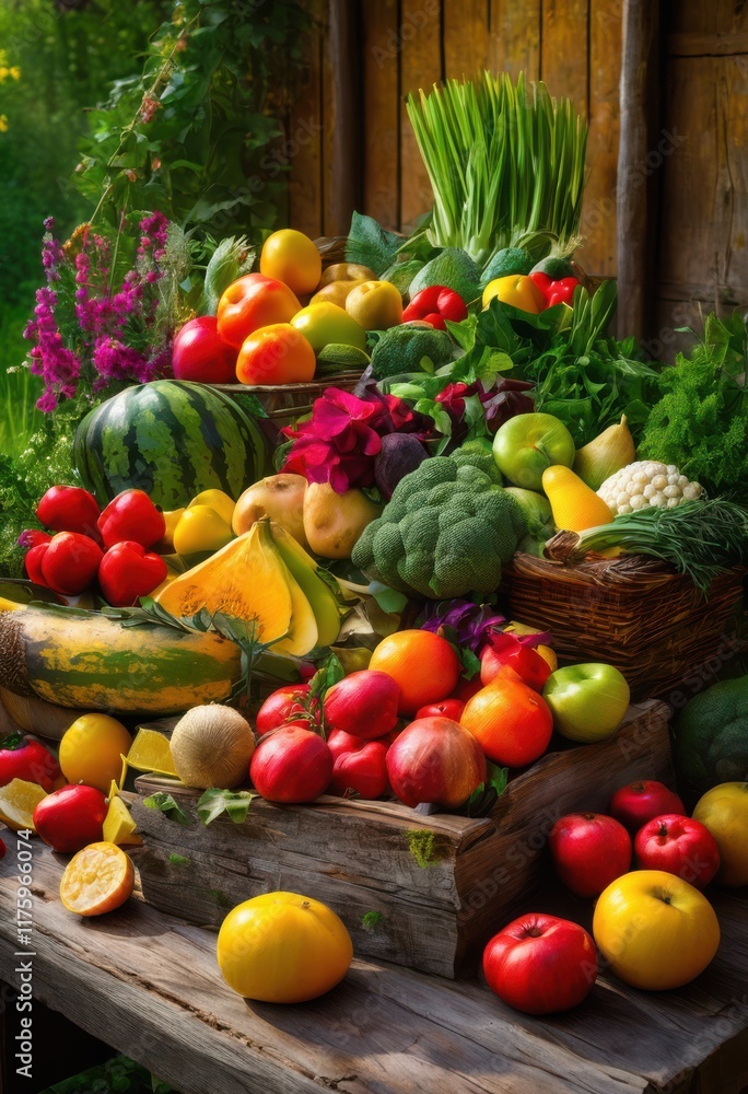 vibrant fresh produce displayed rustic wooden table surrounded bounty colorful arrangement, apple, avocado, asparagus, banana, bean, bell, pepper, beetroot vibrant fresh produce displayed rustic wooden table surrounded bounty colorful arrangement, apple, avocado, asparagus, banana, bean, bell, pepper, beetroot