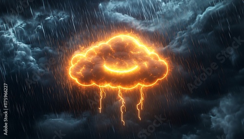 Lightning cloud emoji glowing intensely  surrounded by rain and thunderous skies