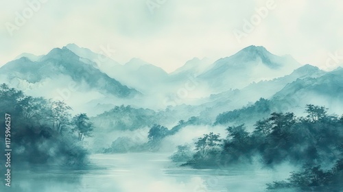 A tranquil watercolor painting depicting a misty mountain range with lush greenery in the foreground. The soft, muted tones create a sense of peace and serenity, symbolizing nature, tranquility, seren photo