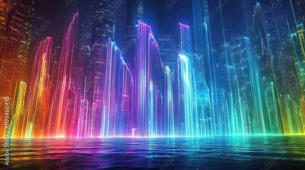 Futuristic Lights and Colorful Waterfalls Reflecting in a Serene Waterfront Scene Amidst a Vibrant Neon City Skyline at Nighttime Futuristic Lights and Colorful Waterfalls Reflecting in a Serene Waterfront Scene Amidst a Vibrant Neon City Skyline at Nighttime