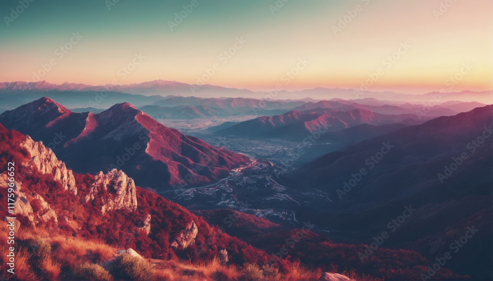 Breathtaking sunset view over majestic mountains in a tranquil landscape Breathtaking sunset view over majestic mountains in a tranquil landscape